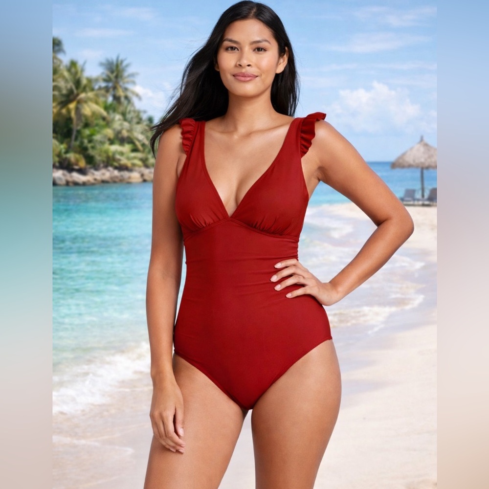 Kona Sol Red Ruffle One Piece Swimsuit